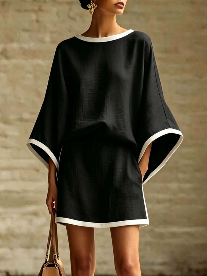 Women's Color-Block Trimmed Batwing-Sleeve Crewneck Top & Mini Skirt Set