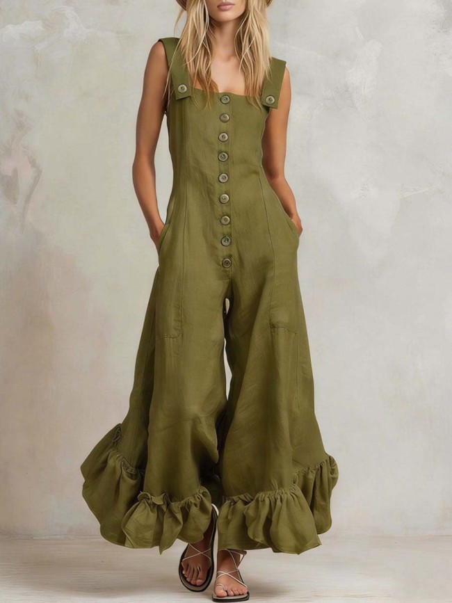 Women's Solid Color Ruffled Art Casual Stylish Comfortable Cotton Linen Jumpsuit