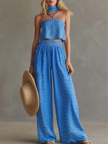 Women's Blue Striped Off-the-shoulder Top And Wide-leg Pants Set