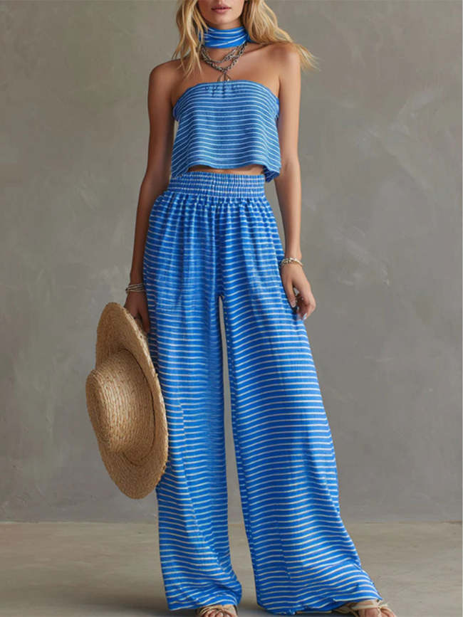 Women's Blue Striped Off-the-shoulder Top And Wide-leg Pants Set