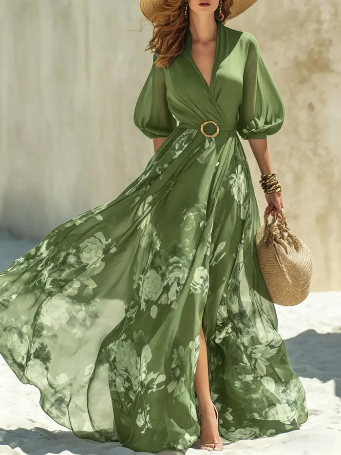 Women's Elegant Vacation Style V-neck Large Skirt Floral Print Dress