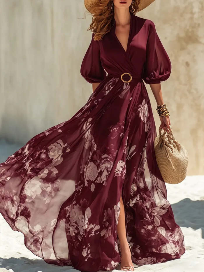 Women's Elegant Vacation Style V-neck Large Skirt Floral Print Dress