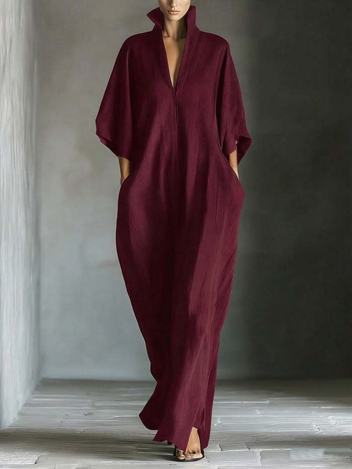 Women's Solid Color Stand Collar 3/4 Sleeve Casual Loose Cotton Linen Dress