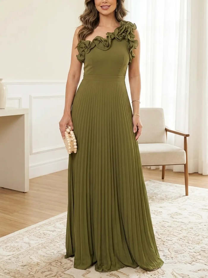 Women's Ruffled Art Casual Stylish No Sleeve Chiffon Maxi Dress