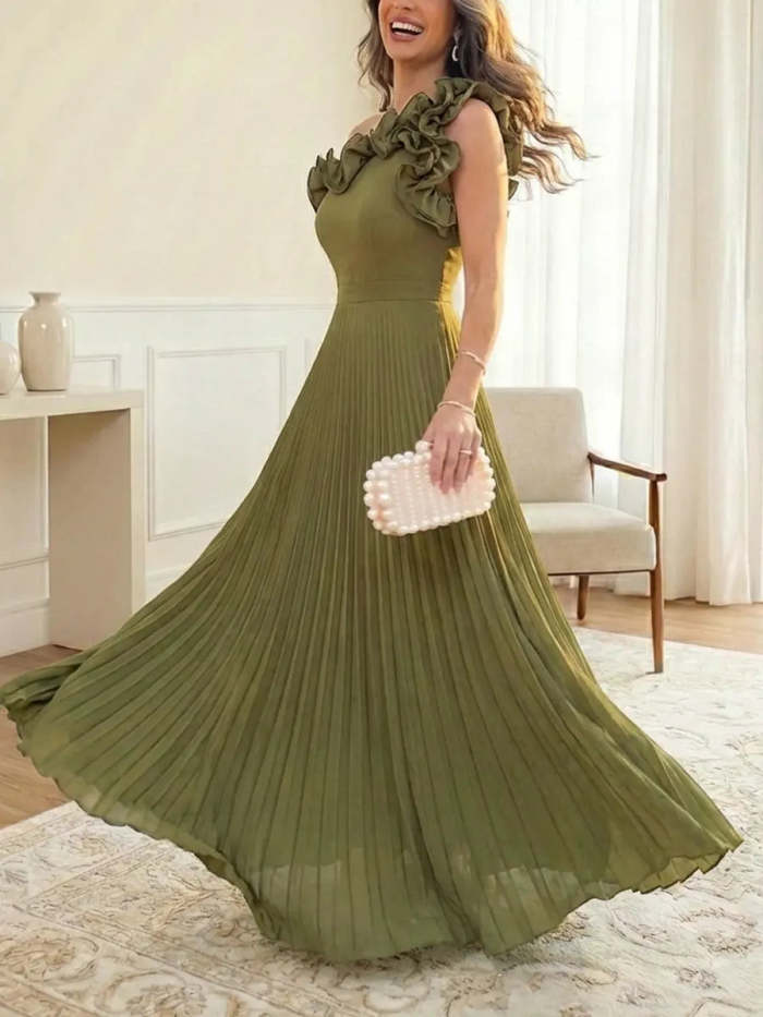 Women's Ruffled Art Casual Stylish No Sleeve Chiffon Maxi Dress