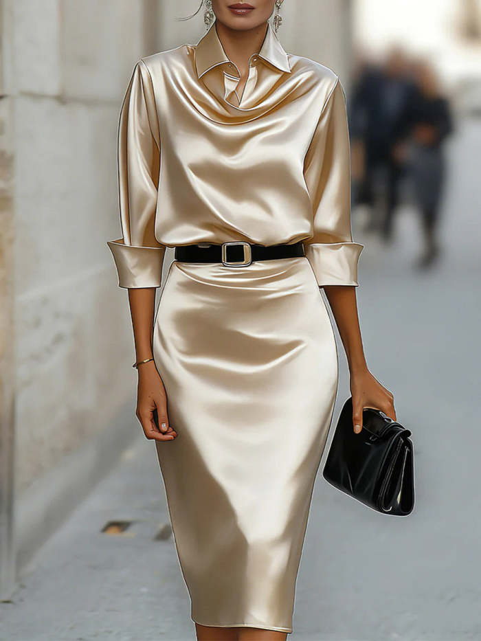 Women's Satin Slim-fit Pencil Dress With Shirt Collar And 3/4 Sleeves