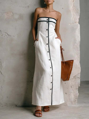 Women's Simple Striped Strapless Cotton-linen Dress