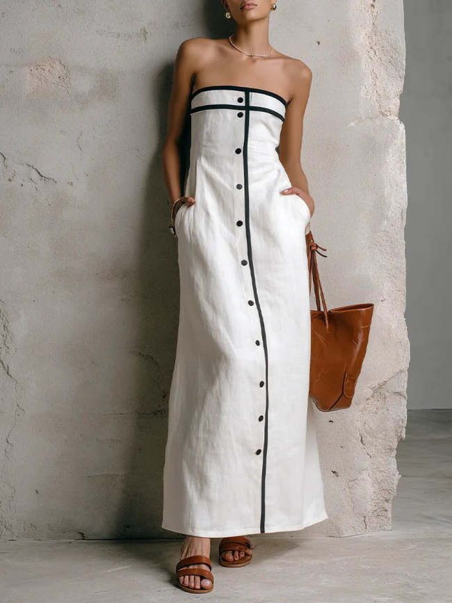 Women's Simple Striped Strapless Cotton-linen Dress
