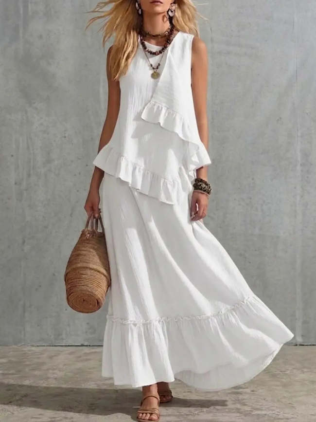 Women's Casual Vacation Style Irregular Lace Cotton And Linen Skirt Set
