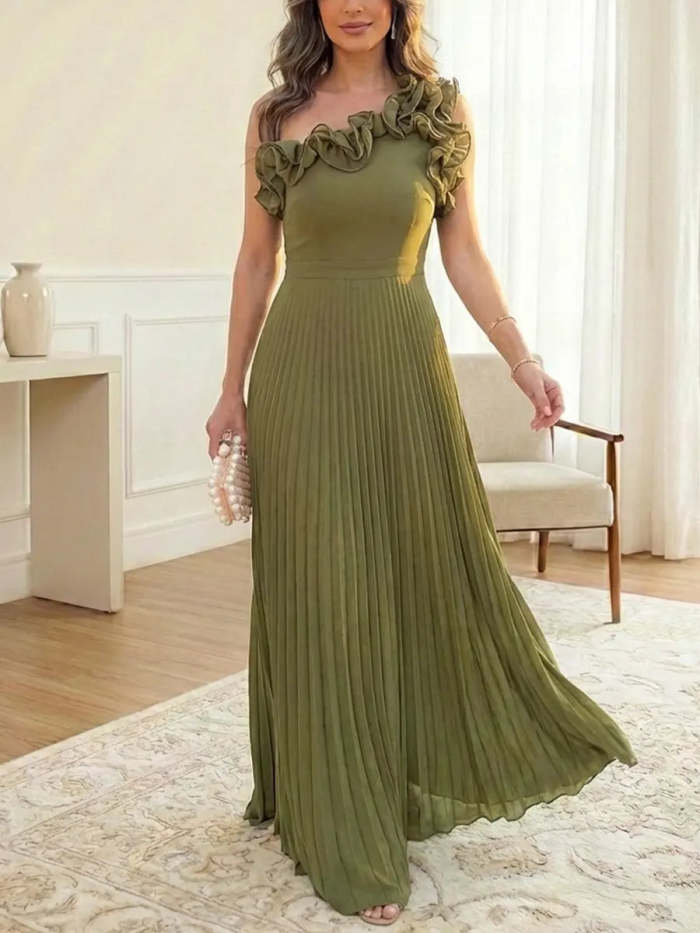 Women's Ruffled Art Casual Stylish No Sleeve Chiffon Maxi Dress