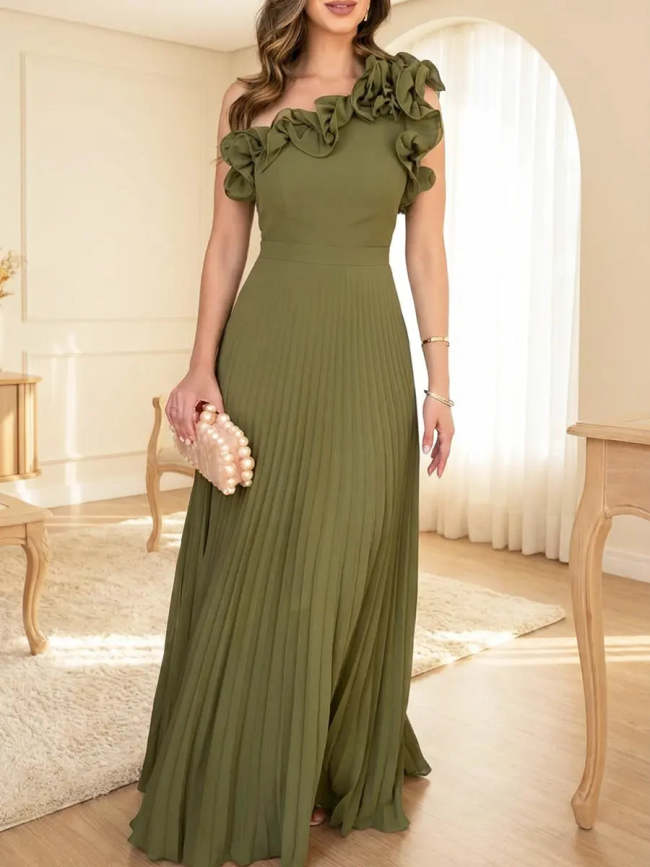 Women's Ruffled Art Casual Stylish No Sleeve Chiffon Maxi Dress