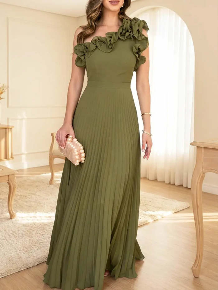 Women's Ruffled Art Casual Stylish No Sleeve Chiffon Maxi Dress