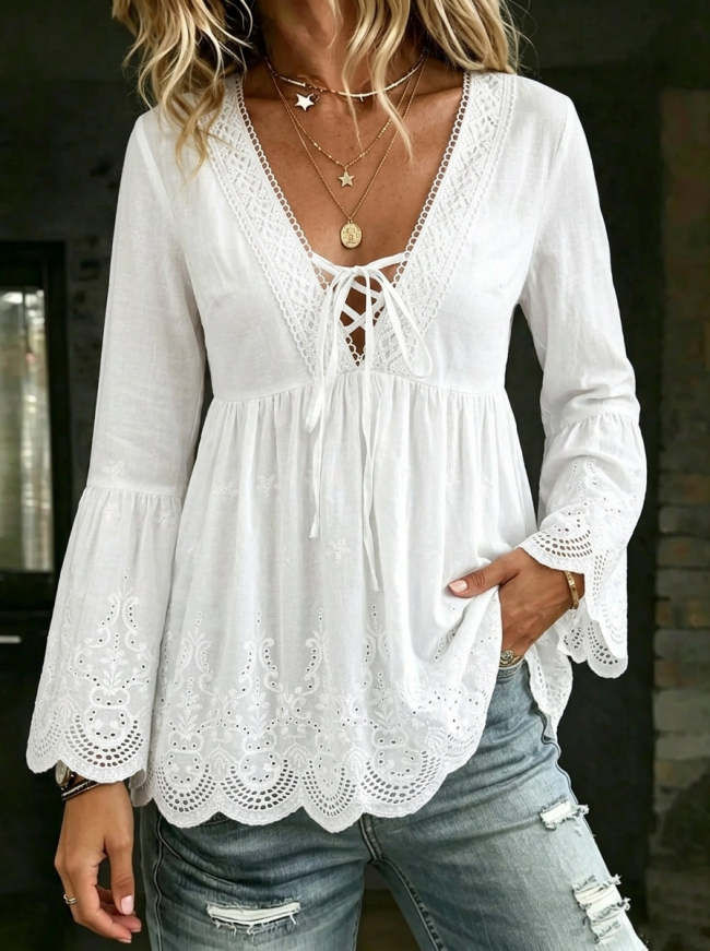 Women's Causal V-neck Lace-trimmed Cotton Top