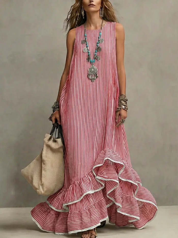 Women's Retro Striped Art Ruffled Casual Stylish Cotton Linen Maxi Dress