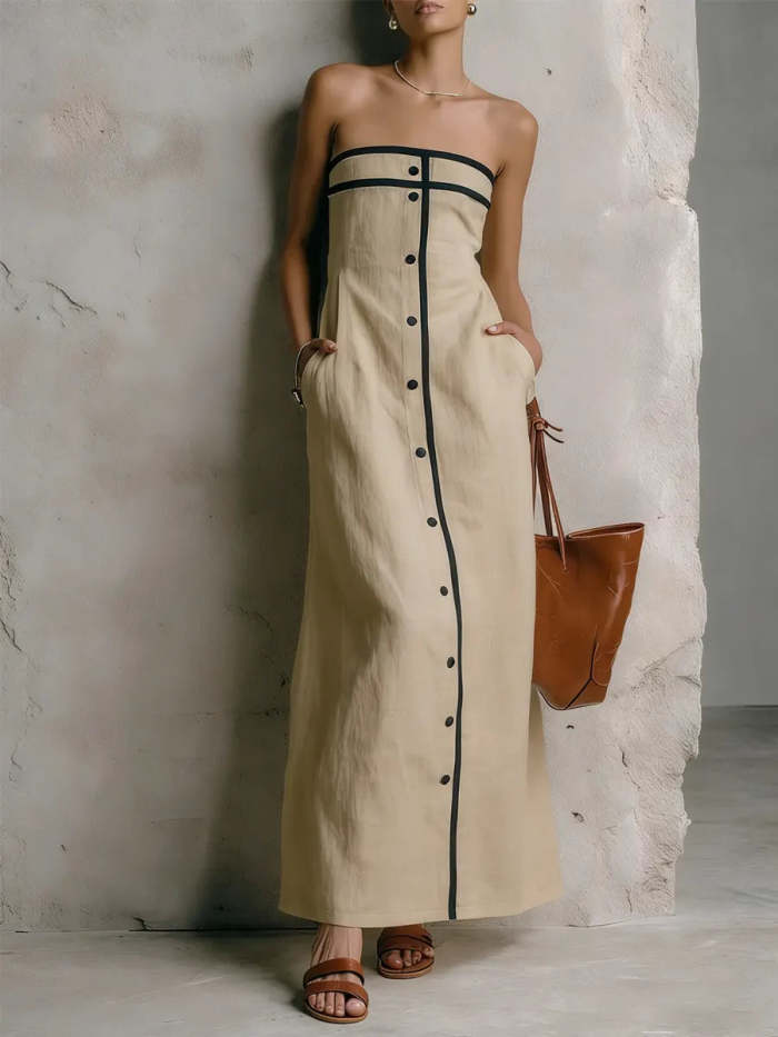 Women's Simple Striped Strapless Cotton-linen Dress
