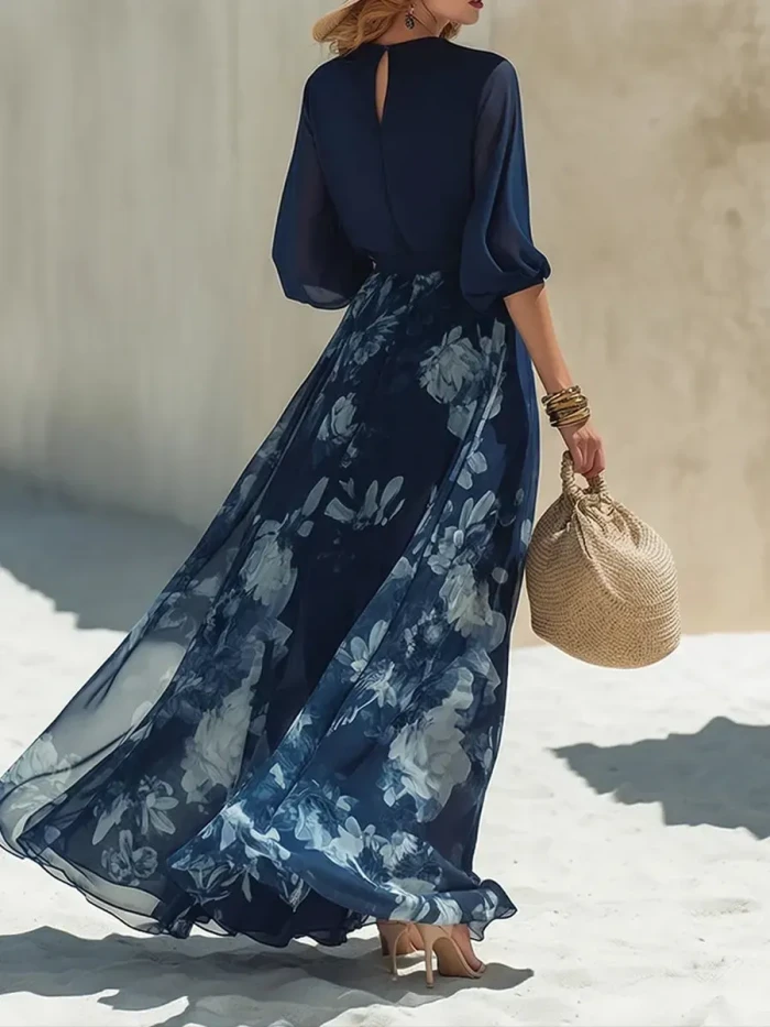 Women's Elegant Vacation Style V-neck Large Skirt Floral Print Dress