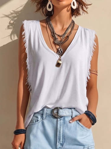 Women's Solid Color V-neck Sleeveless Casual Loose Cotton-linen Top
