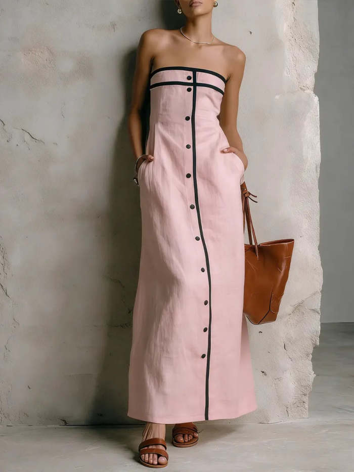 Women's Simple Striped Strapless Cotton-linen Dress