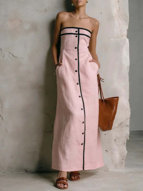 Women's Simple Striped Strapless Cotton-linen Dress
