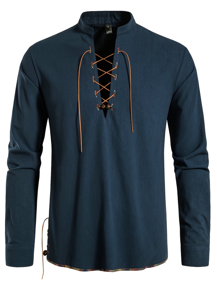 Men's Henley Shirt Long Sleeve Casual Beach Stand Collar Shirt