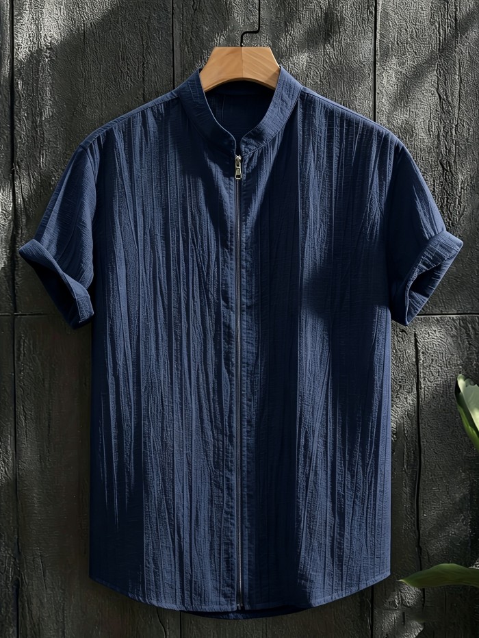 Men's Fashion Casual Sporty Elegant New Short Sleeve Zipper Shirt - Simple Stand Collar Short Sleeve Shirt for Men, Regular Fit Handsome Thin Breathable Vest