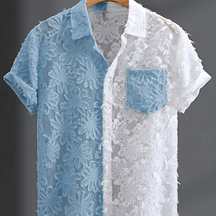 Summer Fashion Men'S Sheer Contrast Collar Short Sleeve Shirt, Street Trendy Men'S Shirt Short Sleeve, Beach Casual Button-Up Top, Cut-Out Lace, Patchwork Elements, Unlocking New Fashion Outfits