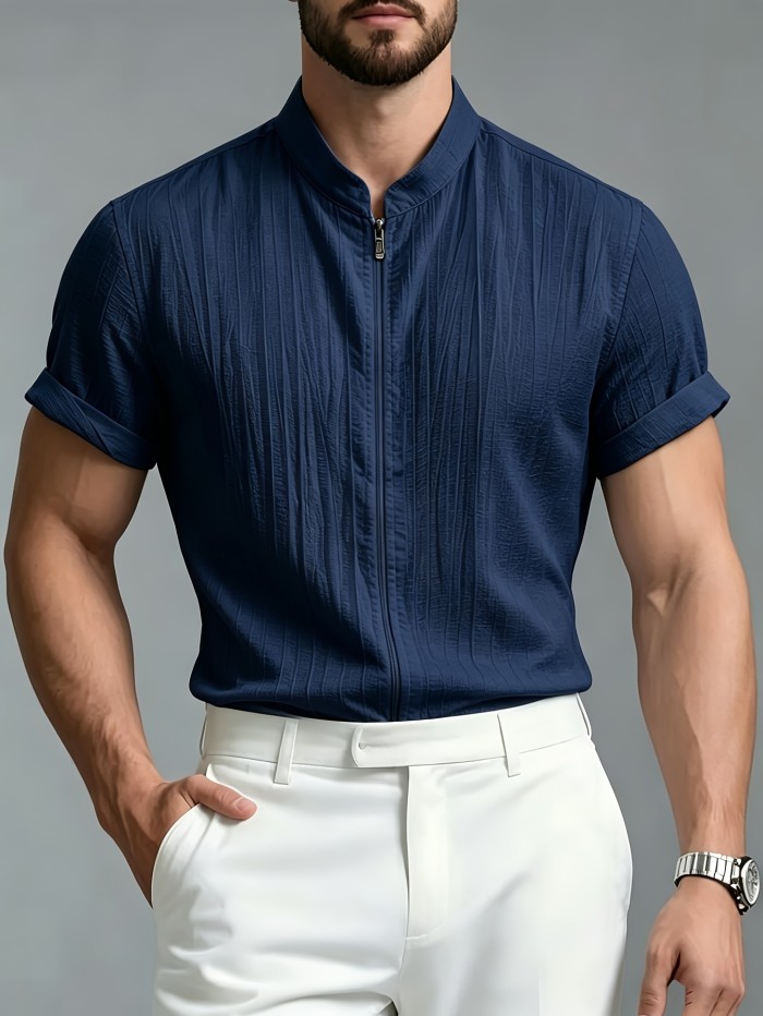 Men's Fashion Casual Sporty Elegant New Short Sleeve Zipper Shirt - Simple Stand Collar Short Sleeve Shirt for Men, Regular Fit Handsome Thin Breathable Vest