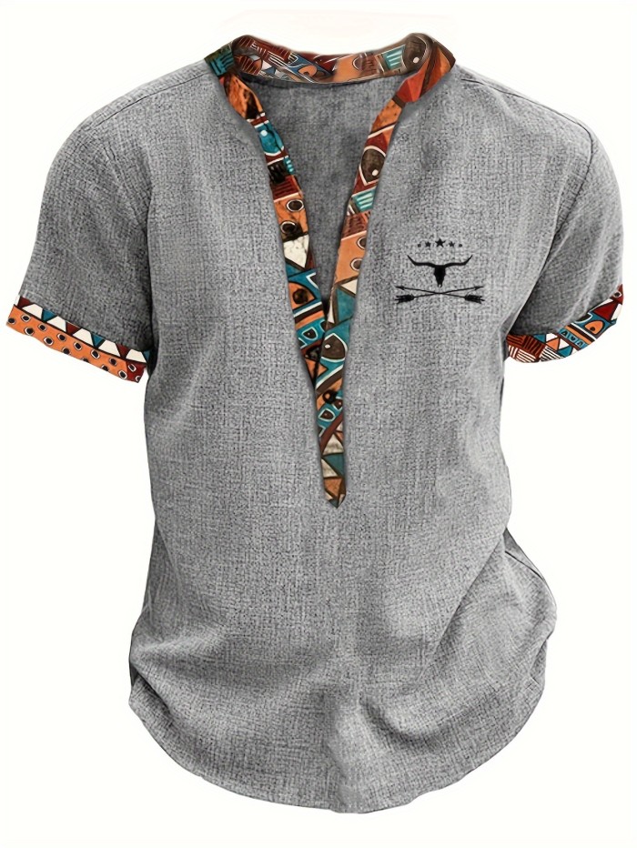 Men'S Fashion New Special Multicolor Fabric Contrast Print Design Stiff Skin-Friendly Material Small Stand-Up Collar 2\u002F1 Half-Open Sweater Casual Leisure Fashion Classic Versatile Outing Commute Hawaiian Style Summer New Short Sleeve Shirt