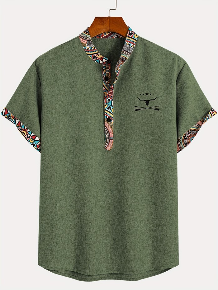 Men'S Fashion New Special Multicolor Fabric Contrast Print Design Stiff Skin-Friendly Material Small Stand-Up Collar 2\u002F1 Half-Open Sweater Casual Leisure Fashion Classic Versatile Outing Commute Hawaiian Style Summer New Short Sleeve Shirt