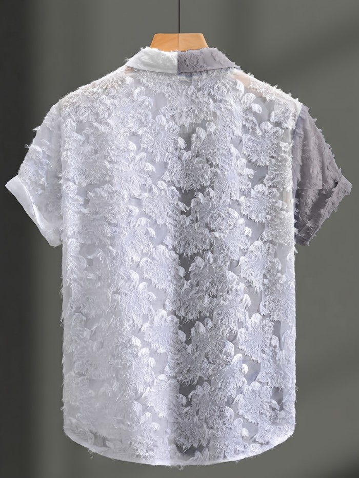 Summer Fashion Men'S Sheer Contrast Collar Short Sleeve Shirt, Street Trendy Men'S Shirt Short Sleeve, Beach Casual Button-Up Top, Cut-Out Lace, Patchwork Elements, Unlocking New Fashion Outfits