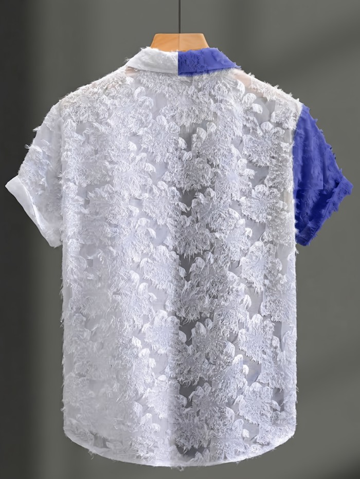 Summer Fashion Men'S Sheer Contrast Collar Short Sleeve Shirt, Street Trendy Men'S Shirt Short Sleeve, Beach Casual Button-Up Top, Cut-Out Lace, Patchwork Elements, Unlocking New Fashion Outfits