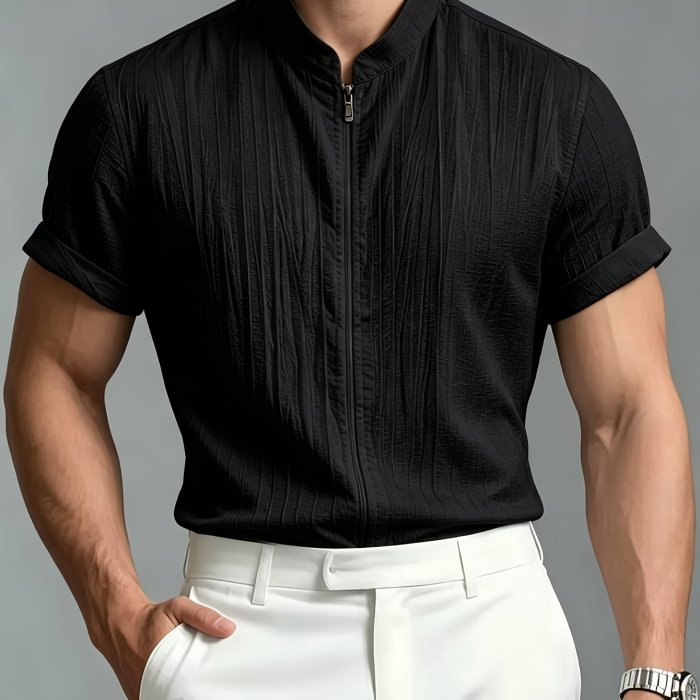 Men's Fashion Casual Sporty Elegant New Short Sleeve Zipper Shirt - Simple Stand Collar Short Sleeve Shirt for Men, Regular Fit Handsome Thin Breathable Vest