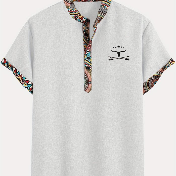 Men'S Fashion New Special Multicolor Fabric Contrast Print Design Stiff Skin-Friendly Material Small Stand-Up Collar 2\u002F1 Half-Open Sweater Casual Leisure Fashion Classic Versatile Outing Commute Hawaiian Style Summer New Short Sleeve Shirt