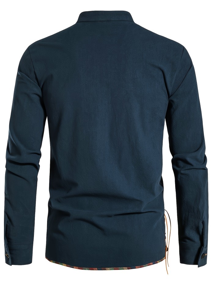 Men's Henley Shirt Long Sleeve Casual Beach Stand Collar Shirt
