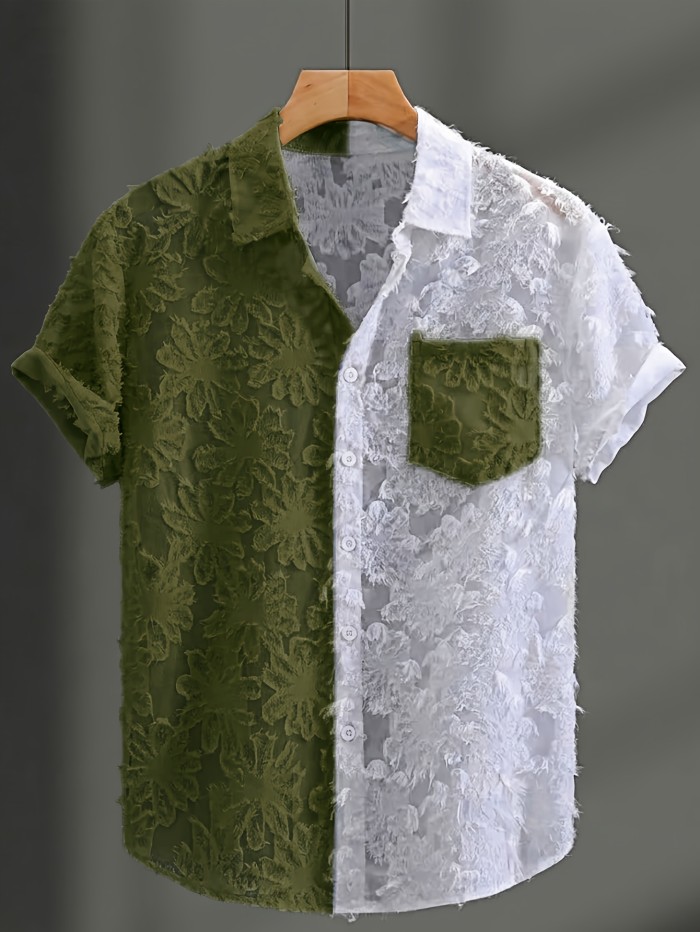 Summer Fashion Men'S Sheer Contrast Collar Short Sleeve Shirt, Street Trendy Men'S Shirt Short Sleeve, Beach Casual Button-Up Top, Cut-Out Lace, Patchwork Elements, Unlocking New Fashion Outfits