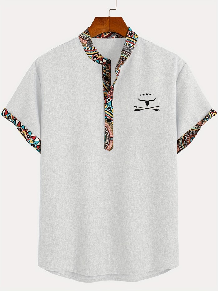 Men'S Fashion New Special Multicolor Fabric Contrast Print Design Stiff Skin-Friendly Material Small Stand-Up Collar 2\u002F1 Half-Open Sweater Casual Leisure Fashion Classic Versatile Outing Commute Hawaiian Style Summer New Short Sleeve Shirt