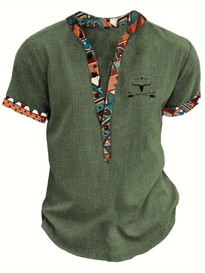 Men'S Fashion New Special Multicolor Fabric Contrast Print Design Stiff Skin-Friendly Material Small Stand-Up Collar 2\u002F1 Half-Open Sweater Casual Leisure Fashion Classic Versatile Outing Commute Hawaiian Style Summer New Short Sleeve Shirt