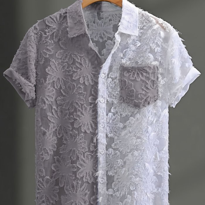 Summer Fashion Men'S Sheer Contrast Collar Short Sleeve Shirt, Street Trendy Men'S Shirt Short Sleeve, Beach Casual Button-Up Top, Cut-Out Lace, Patchwork Elements, Unlocking New Fashion Outfits