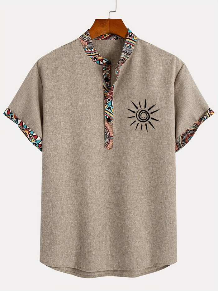 Men'S Fashion New Special Multicolor Fabric Contrast Print Design Stiff Skin-Friendly Material Small Stand-Up Collar 2\u002F1 Half-Open Sweater Casual Leisure Fashion Classic Versatile Outing Commute Hawaiian Style Summer New Short Sleeve Shirt