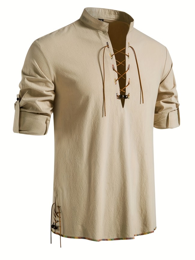 Men's Henley Shirt Long Sleeve Casual Beach Stand Collar Shirt