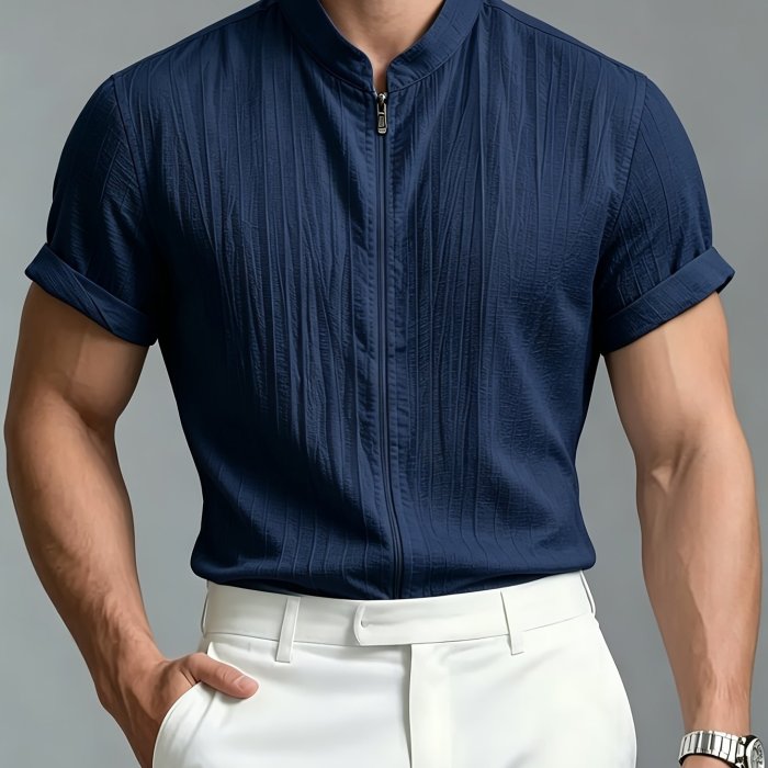 Men's Fashion Casual Sporty Elegant New Short Sleeve Zipper Shirt - Simple Stand Collar Short Sleeve Shirt for Men, Regular Fit Handsome Thin Breathable Vest