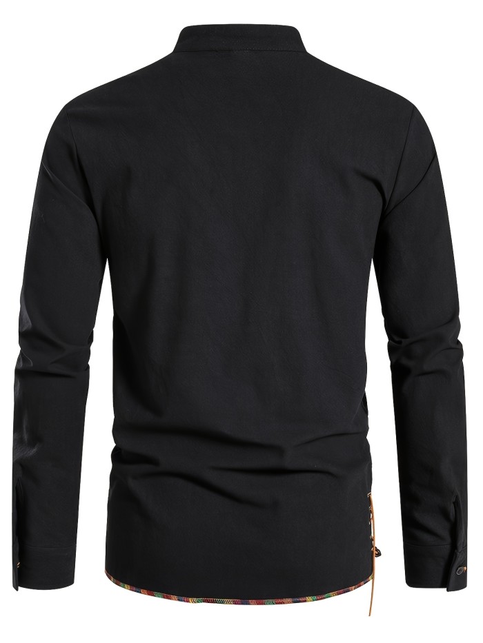 Men's Henley Shirt Long Sleeve Casual Beach Stand Collar Shirt