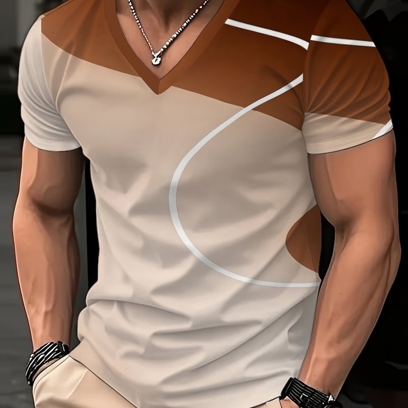 Printed Design-Not Textured Men'S V-Neck Short Sleeve Printed T-Shirt, Regular Fit Men'S Top, Casual, Fashionable And Versatile, Summer Men'S Printed V-Neck T-Shirt