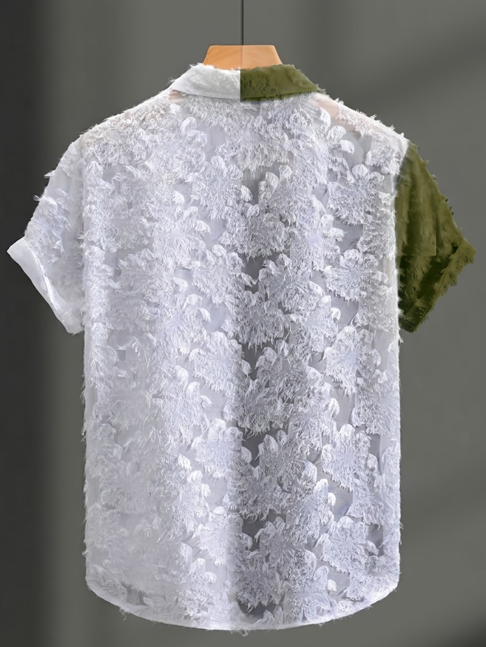 Summer Fashion Men'S Sheer Contrast Collar Short Sleeve Shirt, Street Trendy Men'S Shirt Short Sleeve, Beach Casual Button-Up Top, Cut-Out Lace, Patchwork Elements, Unlocking New Fashion Outfits