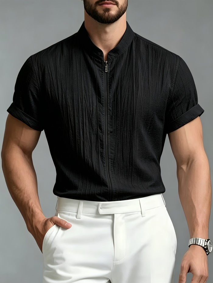 Men's Fashion Casual Sporty Elegant New Short Sleeve Zipper Shirt - Simple Stand Collar Short Sleeve Shirt for Men, Regular Fit Handsome Thin Breathable Vest