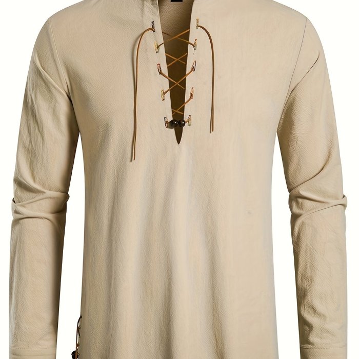 Men's Henley Shirt Long Sleeve Casual Beach Stand Collar Shirt