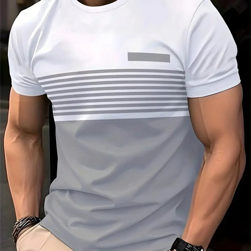 2024 Summer New Fashion Loose Short Sleeve Gray Striped T-Shirt Fashion Brand Men'S Round Neck Short Sleeve Casual Multicolor Patchwork Clothing