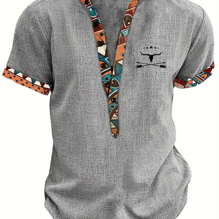Men'S Fashion New Special Multicolor Fabric Contrast Print Design Stiff Skin-Friendly Material Small Stand-Up Collar 2\u002F1 Half-Open Sweater Casual Leisure Fashion Classic Versatile Outing Commute Hawaiian Style Summer New Short Sleeve Shirt