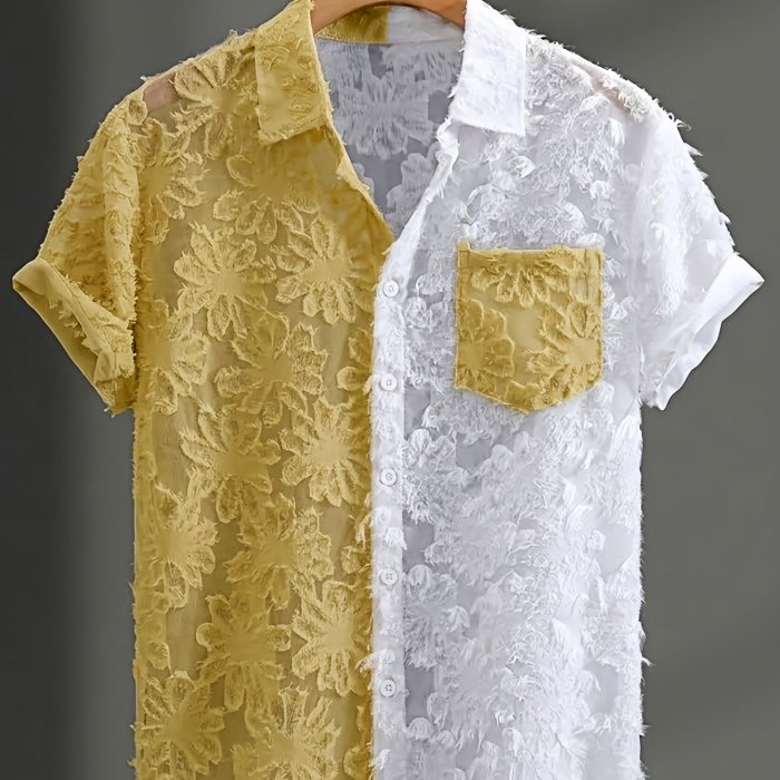 Summer Fashion Men'S Sheer Contrast Collar Short Sleeve Shirt, Street Trendy Men'S Shirt Short Sleeve, Beach Casual Button-Up Top, Cut-Out Lace, Patchwork Elements, Unlocking New Fashion Outfits