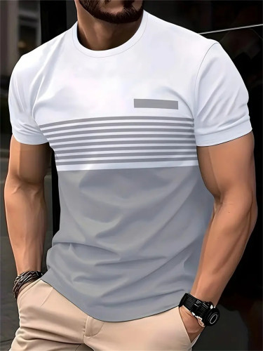 2024 Summer New Fashion Loose Short Sleeve Gray Striped T-Shirt Fashion Brand Men'S Round Neck Short Sleeve Casual Multicolor Patchwork Clothing